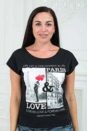 Футболка женская со спущенным плечом из кулирки Лира / Черный с принтом Paris